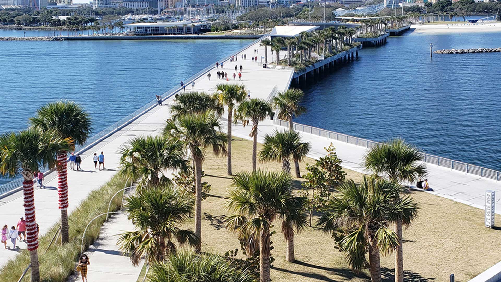 aerial photograph of people walking on the St. Petersburg pier in downtown St. Petersburg, Florida
